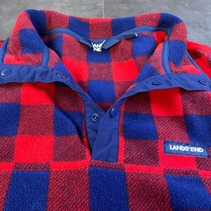 Lands' End Men’s Red and Navy Plaid Fleece Pullover Size Large